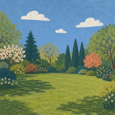 Peaceful Green Backyard Garden Under Blue Sky