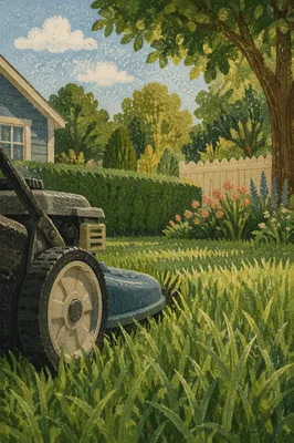Morning Lawn Mower in Green Backyard