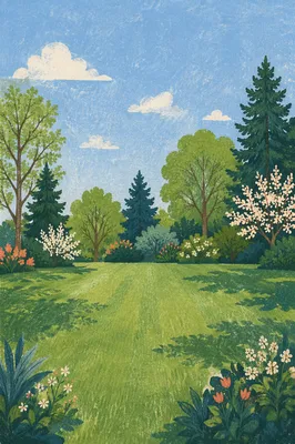 Peaceful Green Backyard Lawn Under Spring Sky
