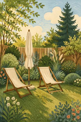 Serene Backyard Garden with Green Lawn