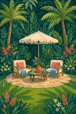 White Patio Set in Lush Garden