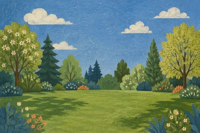 Peaceful Spring Backyard Garden with Green Lawn