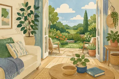 Contemporary Living Room Opening to Garden Lawn
