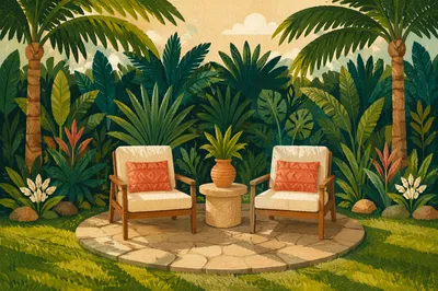 Sunlit White Patio Set in Lush Garden