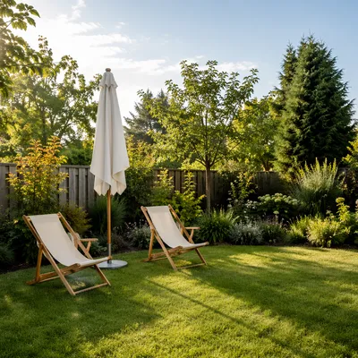 Serene Backyard Garden with Green Lawn