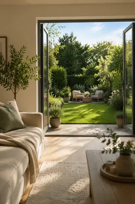 Contemporary Living Room Opening to Garden Lawn