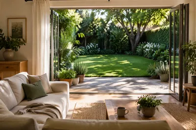 Modern Living Room Opening to Garden Lawn