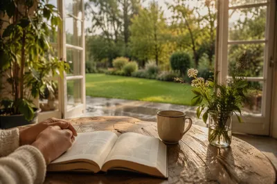 Quiet Sunroom Devotion Overlooking Green Backyard