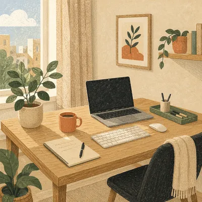 Organized Home Office Desk in Morning Light