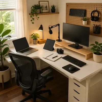 Organized Home Office Desk in Bright Corner