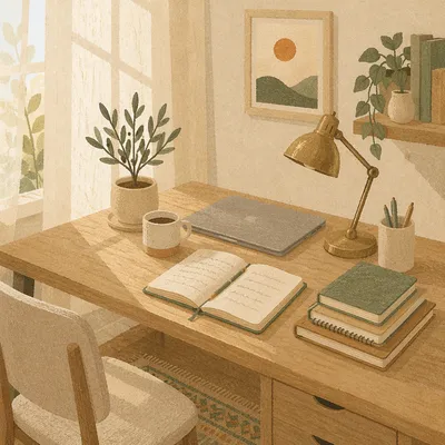 Organized Home Office Desk in Morning Light