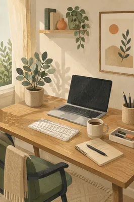 Organized Home Office Desk in Morning Light