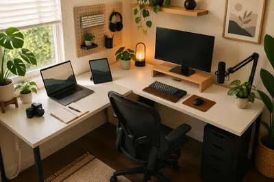 Organized Home Office Desk in Bright Corner
