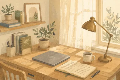 Organized Home Office Desk in Morning Light