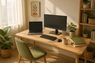 Organized Home Office Desk in Morning Light