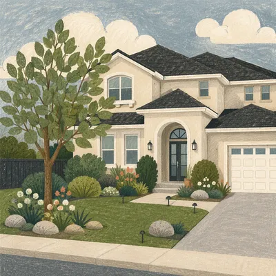 Modern Suburban House Exterior with Green Lawn
