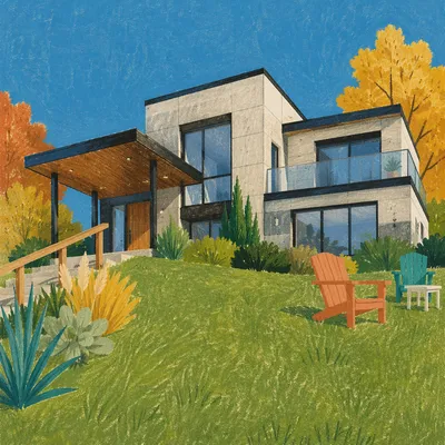 Modern House Exterior with Autumn Lawn