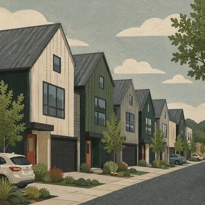 Modern Gabled Townhouses in Overcast Neighborhood