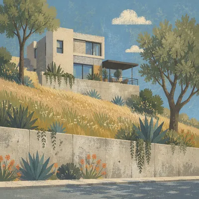 Modern Hillside Home Exterior at Golden Hour