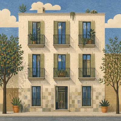Modern Cream Stucco House Facade with Sage Shutters