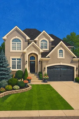 Modern Suburban House Exterior with Green Lawn