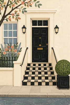 Modern Townhouse Entrance with Checkerboard Steps
