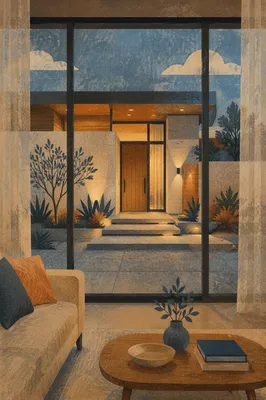 Modern House Front Through Living Room Glass