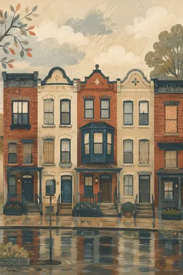 Rainy Modern Townhouse Exterior Street View