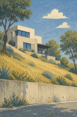 Modern Hillside Home Exterior at Golden Hour