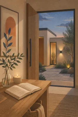 Peaceful Modern Foyer With Open Front Door