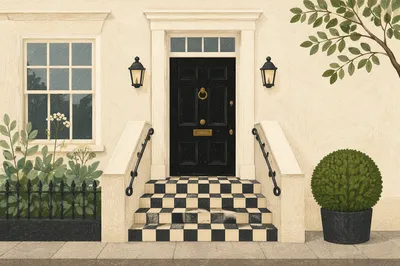 Modern Townhouse Entrance with Checkerboard Steps
