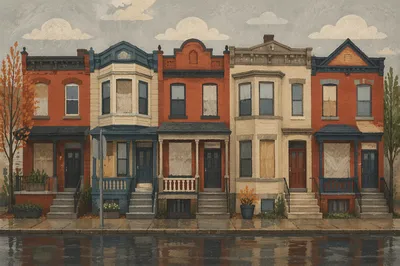 Rainy Urban Townhouse Facades with Porches