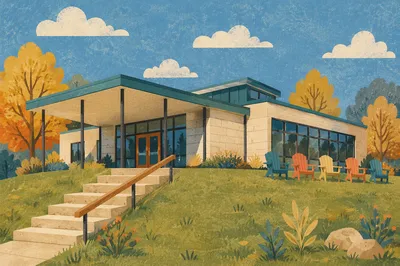 Modern Community House Exterior on Grassy Hill