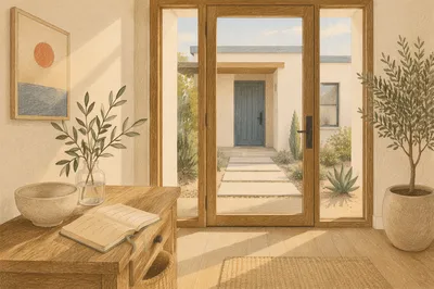 Peaceful Modern Foyer With Glass Front Door
