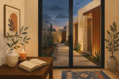 Modern Foyer With Glass Entry at Dusk