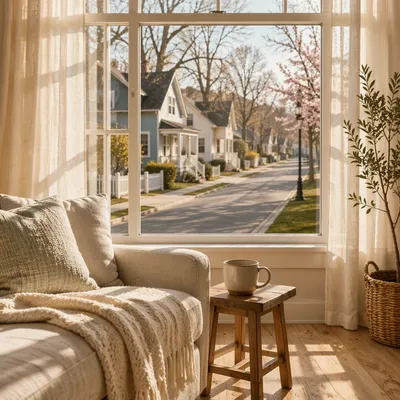 Cozy Living Room Overlooking Suburban Street