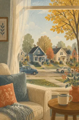 Peaceful Suburban Street Through Living Room Window