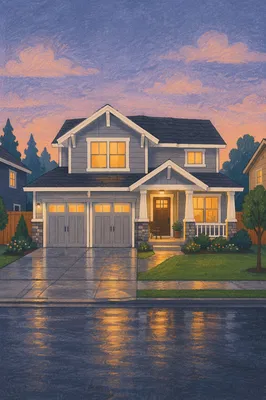 Welcoming Suburban Craftsman House at Blue Hour