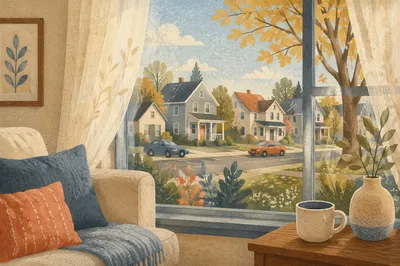 Peaceful Suburban Street Through Living Room Window