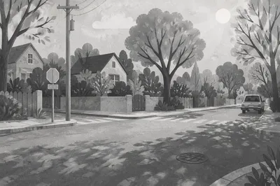 Quiet Suburban Street Corner in Monochrome