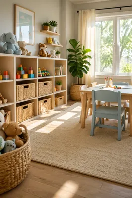 Bright Organized Kids Playroom Interior