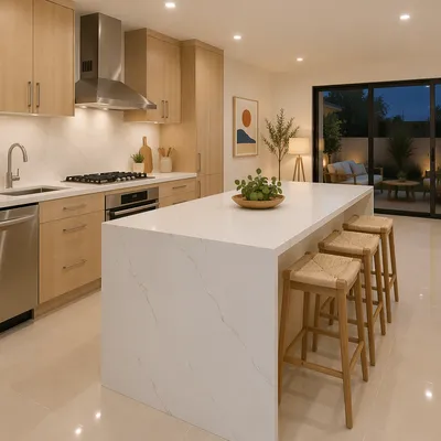 Bright Modern Kitchen With White Countertop Island