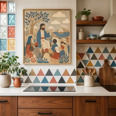 Bright Modern Kitchen with Folk Art Tiles