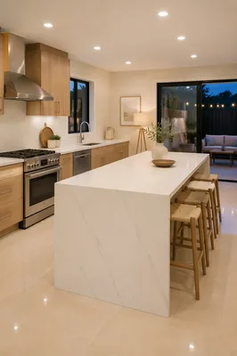 Bright Modern Kitchen With White Waterfall Island