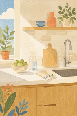 Bright Modern Kitchen Countertop Morning Scene