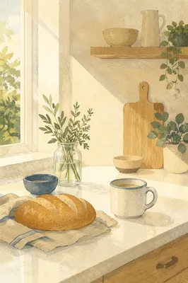 Sunlit Modern Kitchen Countertop with Bread