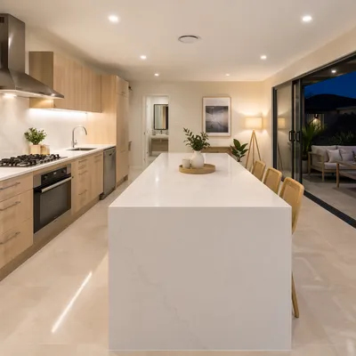 Bright Modern Kitchen With White Countertop Island