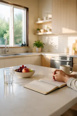 Peaceful Morning Devotion in Modern Kitchen