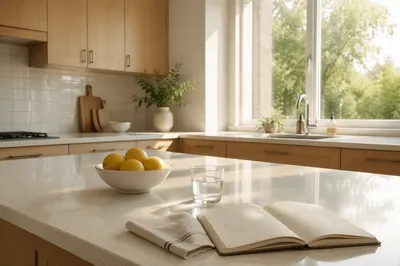 Bright Modern Kitchen Countertop with Morning Sunlight