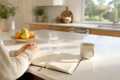Peaceful Morning Devotion in Modern Kitchen